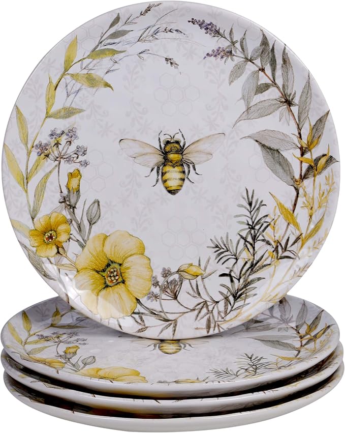 Bee Sweet 16-Piece Ceramic Dinnerware Set – Service for 4 Farmhouse Bee and Floral Design Includes 4 Dinner Plates 4 Salad Plates 4 Bowls 4 Large Mugs – Microwave &amp Dishwasher Safe