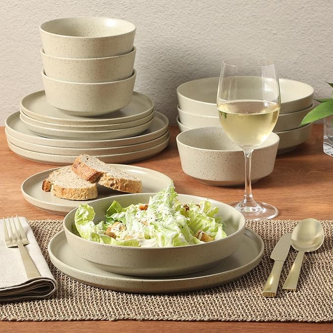 Gibson Elite Overbrook 16-Piece Pottery Clay Stoneware Dinnerware Set – White Reactive Glaze Stackable Plates and Bowls w/Pasta Bowl Service for 4 – Microwave &amp Dishwasher Safe