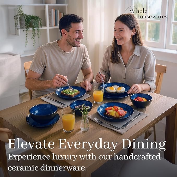 Whole Housewares Ceramic Plates and Bowls Set - Dinnerware Set - Microwave and Dishwasher Safe - 16 Piece Dinner Set - Perfect for Parties Birthdays or Weddings - Blue