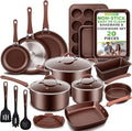 NutriChef 20 Piece Professional Home Kitchen Cookware and Bakeware Pots and Pans Set Non Stick Kitchenware Cool-Touch Handles Safe for Gas Electric Induction Cooktops Easy Clean Brown