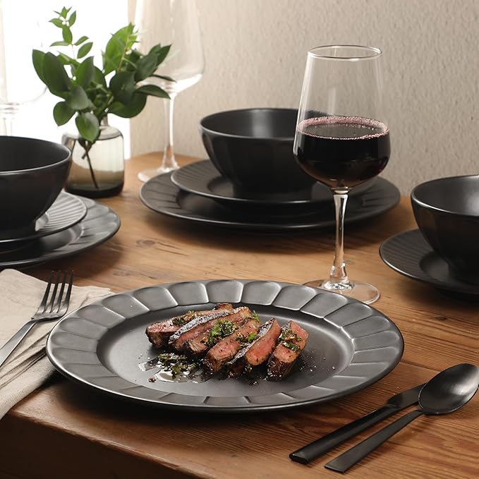 Gibson Elite Winchester Way 12-Piece Embossed Stoneware Dinnerware Set – Reactive Matte Glaze Durable Lightweight-Tech Plates &amp Bowls Everyday Dish Set Microwave &amp Dishwasher Safe – Black