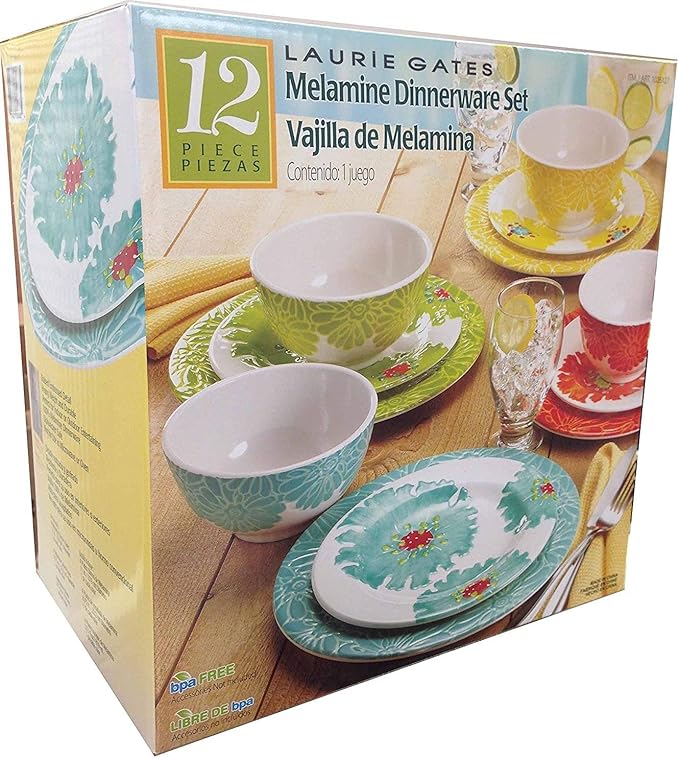Laurie Gates - 12 Piece Melamine Dinnerware Set (Red Yellow Green Blue)