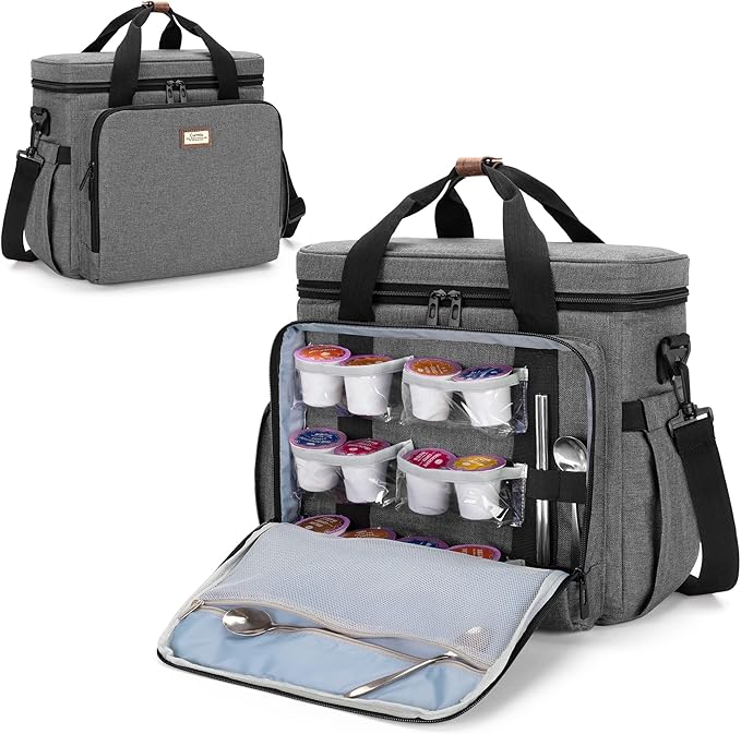 CURMIO Coffee Maker Travel Bag Compatible with Keurig K-Mini or K-Mini Plus Single Serve Coffee Brewer Carrying Case with Multiple Pockets for K-Cup Pods Travel Mugs Gray (Bag Only Patent Design)