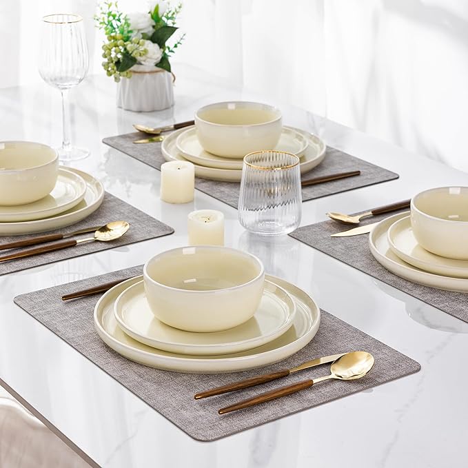 AmorArc Stoneware Dinnerware Sets for 4Round Reactive Glaze Ceramic Plates and Bowls SetHighly Scrath Resistant | Dishwasher &amp Microwave Safe Dishes SetService for 4 (12pc)