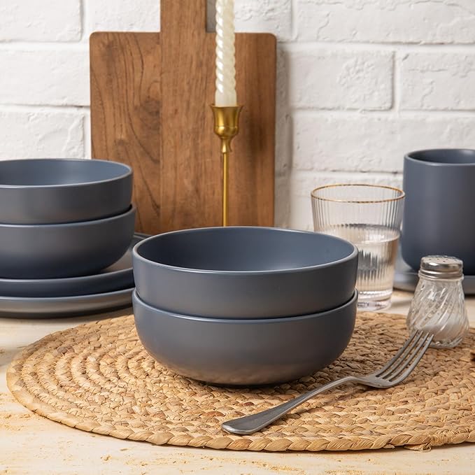 12-Piece Stoneware Dinnerware Set for 4 10 Plates &amp 7.5 Salad Plates &amp 5.9 Bowls Microwave &amp Dishwasher Safe Stackable Matte Glaze Kitchenware Chip &amp Scratch Resistant(Blue)
