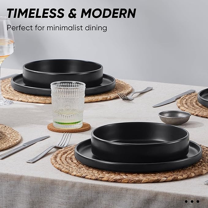 E-far 8-Piece Black Plates and Bowls Sets - Stoneware Dinnerware Sets with Pasta Bowls for 2 | Matte Black Kitchen Modern Dish Set Microwave &amp Dishwasher Safe