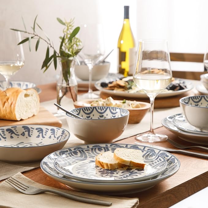 Bloomhouse - 2-Time Oprah’s Favorite Things - Valencia Flor 16 Piece Dinnerware Set Artisanal Decorated Stoneware Plates &amp Bowls Service for 4 Microwave &amp Dishwasher Safe Iris Blue