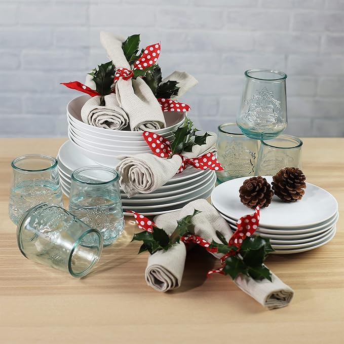 Euro Ceramica Bianco &amp Bara 24 Piece Dinnerware Set (Combination Pack) Set Includes 6 Bara Recycled Glass 14oz Tumblers + Bianco 18 Pieces Dishware Standard