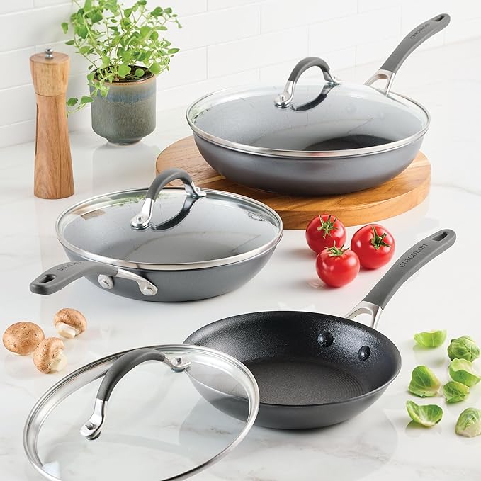 Circulon A1 Series with ScratchDefense Technology Nonstick Induction Frying Pans/Skillets with Lids Metal Utensil Safe Skillet Set w/Lid (8.5 10 &amp 12) - Graphite