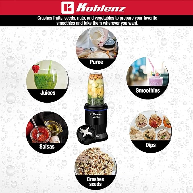 Koblenz Mix&ampGo Personal Blender 1000W Portable Blender for Shakes and Smoothies 6 Stainless Steel Blades Auto-Stop 30 oz BPA-Free To-Go Cup Recipe Book Easy to Clean 6-Piece Kit Black BKM