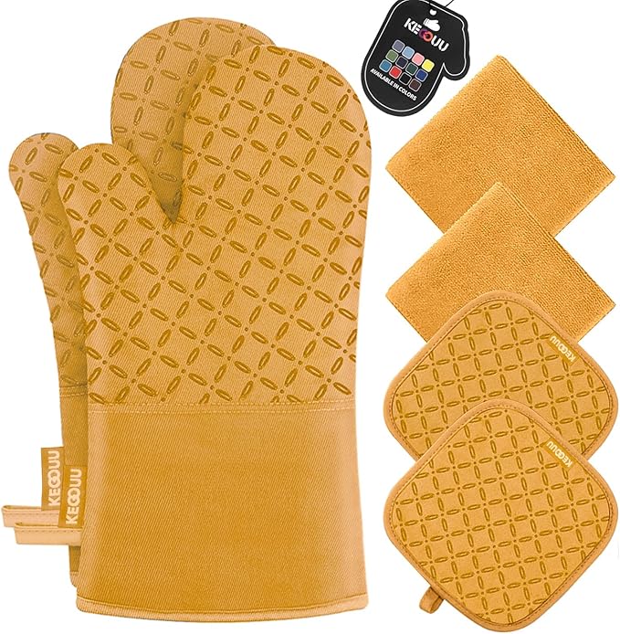 KEGOUU Oven Mitts and Pot Holders 6pcs Set Kitchen Oven Glove High Heat Resistant 500 Degree Extra Long Oven Mitts and Potholder with Non-Slip Silicone Surface for Cooking （Orange）
