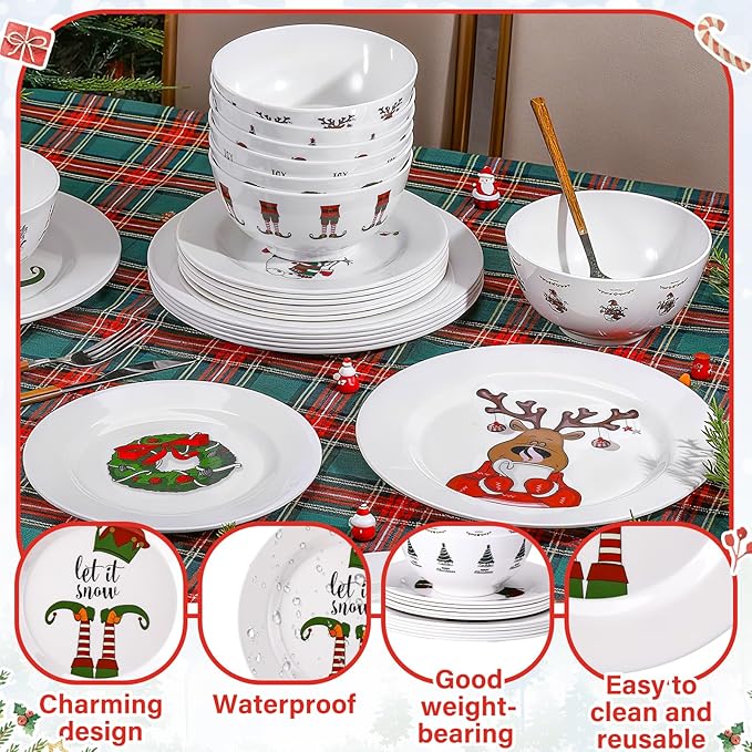 24 Pcs Christmas Melamine Dinnerware Set Service for 8 Guest 10 Dinner Plates 8 Salad Plates 3×6 Bowl Santa Snowman Reindeer Xmas Tree Festive Holiday Tableware for Family Party Gift