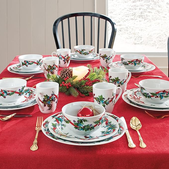 BrylaneHome 16 Piece Christmas Dinnerware Set (Service for 4) Includes Dinner &amp Salad or Dessert Plates Bowls Mugs Red &amp Green Holly &amp Holiday Ribbon Pattern - White