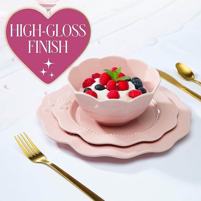 Paris Hilton 12-Piece Dinnerware Set Embossed Bow Design Iconic Ceramic Stoneware Service for 4 with Dinner Plates Salad Plates and Bowls Microwave &amp Dishwasher Safe Pink