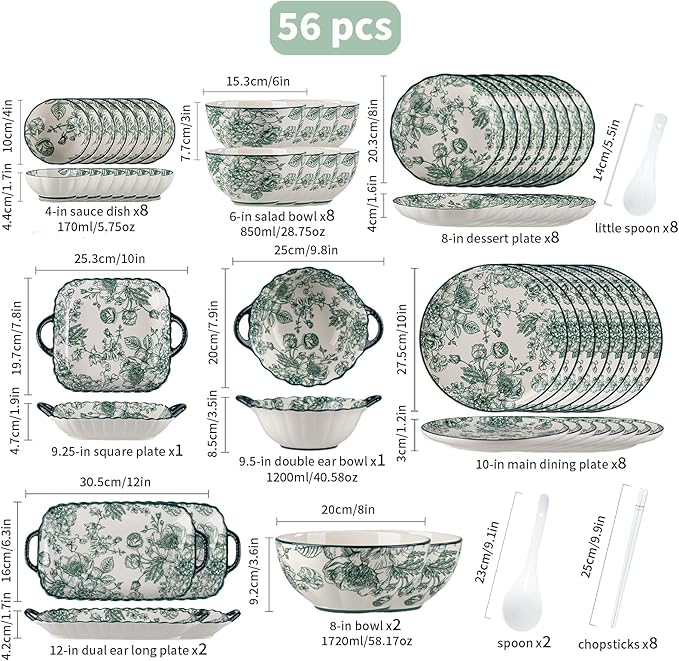 56 Piece Ceramic Dinnerware Set Microwave &amp Dishwasher Safe Plates and plates and bowls setss Sets with Green Rose Pattern Porcelain Dishware Sets for Kitchen &amp Dining