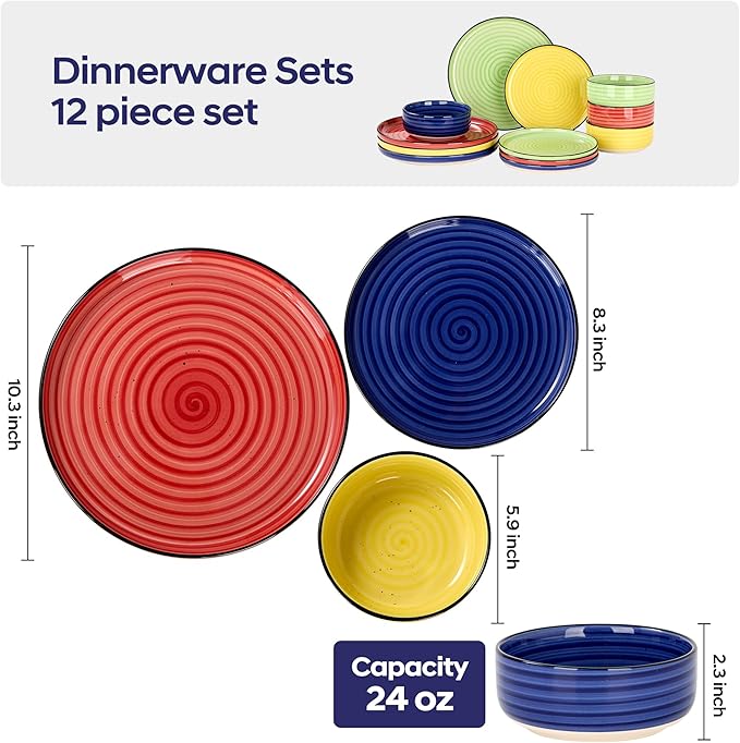 Bonita Dinnerware Sets 12 Pieces Blue Stoneware Dishes Set for 6 Plates Set and Bowls Sets Dishwasher and Microwave Safe
