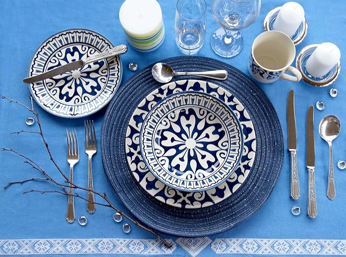 Tudor Royal Collection 24-Piece Premium Quality Round Porcelain Dinnerware Set Service for 6 - HENNA BLUE See 10 Designs Inside
