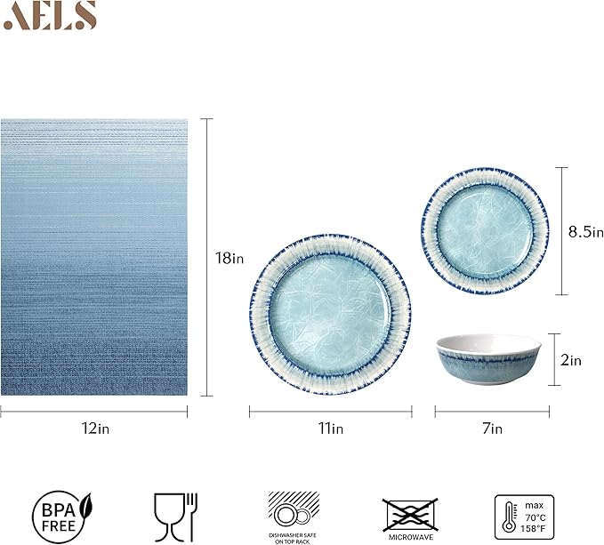 AELS Melamine Dinnerware Set of 12 Pcs Dinner Dishes Set with 4 Placemats for Indoor and Outdoor Use Dishwasher Safe Lightweight Unbreakable BPA Free Light Blue