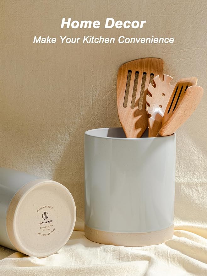 Famiware Milkyway Plates and Bowls Set of 12 and Kitchen Utensil Holder for Countertop Set of 2 14 Pieces Dinnerware Sets Light Gray