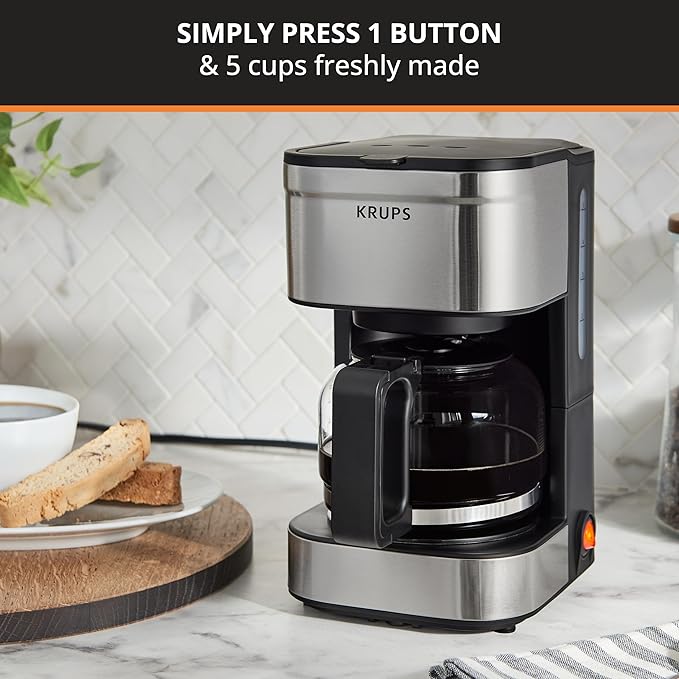 KRUPS Simply Brew Compact 5 Cup Coffee Maker: Stainless Steel Design Pause &amp Brew Keep Warm Reusable Filter Drip-Free Carafe