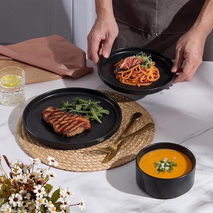 E-far 24-Piece Stoneware Dinnerware Sets Plates and Bowls Sets for 8 Kitchen Dinning Porcelain Ribbed Dishes Set Chip &amp Scratch Resistant Dishwasher &amp Microwave Safe Matte Black