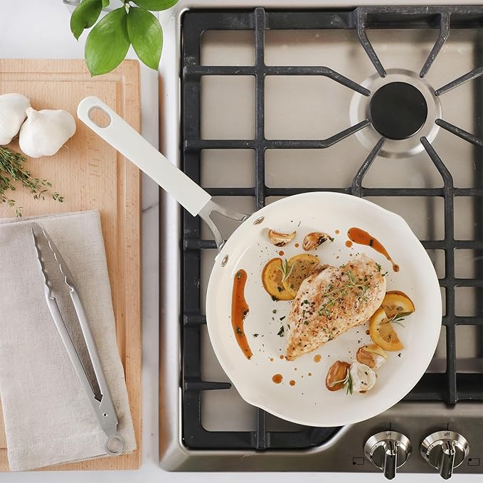 Martha Stewart Heathland 9.5 Inch Aluminum Cookware Non-Toxic Premium Ceramic Non Stick Frying Pan Kitchen Egg Pan Omelet Pots and Pans Linen White Induction Safe