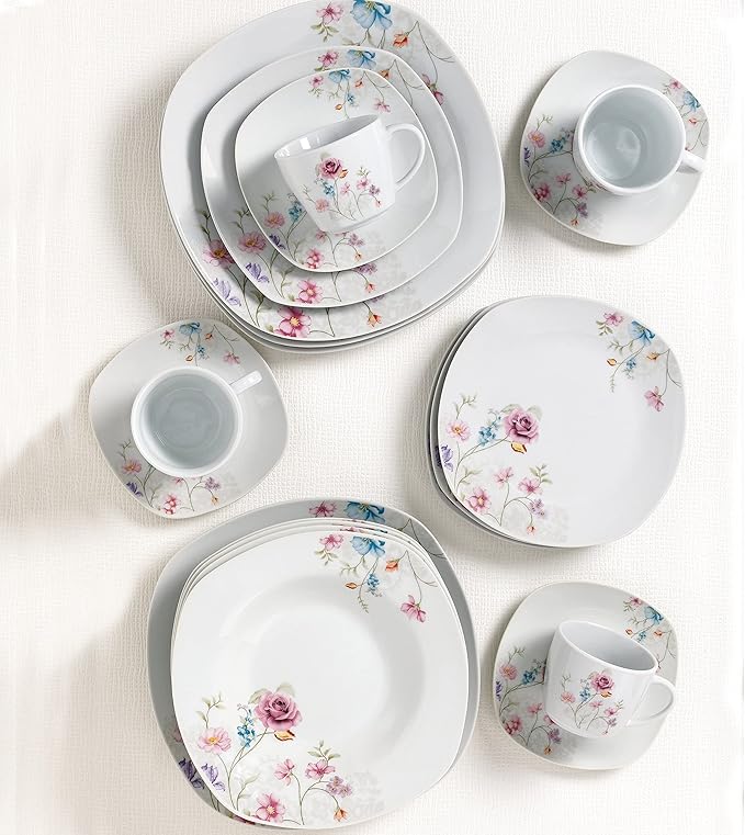 Unknown1 20 Pc. Square Dinnerware Set Service for 4-Small Floral Design White Casual Porcelain Piece Dishwasher Safe Microwave