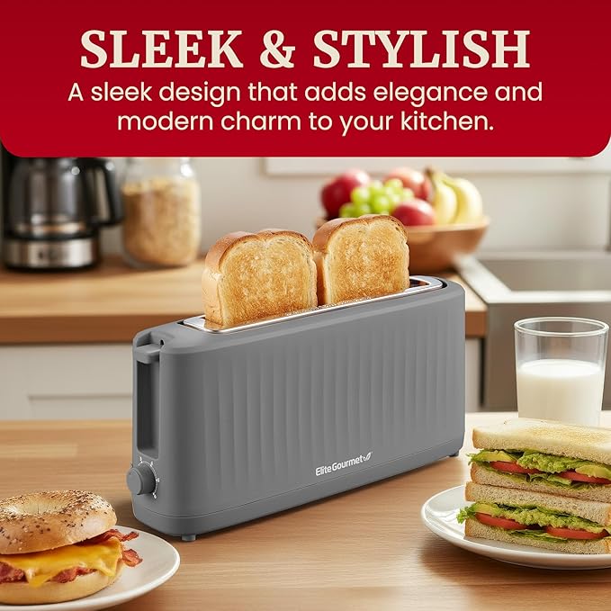 Elite Gourmet ECT2517G SLIMTOAST™ 2-Slice Long Slot Toaster Cool-touch Body 6 Toast Settings &amp Cancel Function Extra Wide 1.5” Slot Easily Fits Breads English Muffins Bagels &amp Waffles G