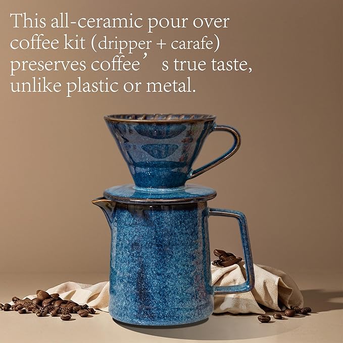Topadorn Pour Over Coffee Maker Set 13 Oz Ceramic Coffee Maker &amp Pour Over Coffee Dripper Reusable Drip Coffee Maker for Café Restaurant Home Camping Blue