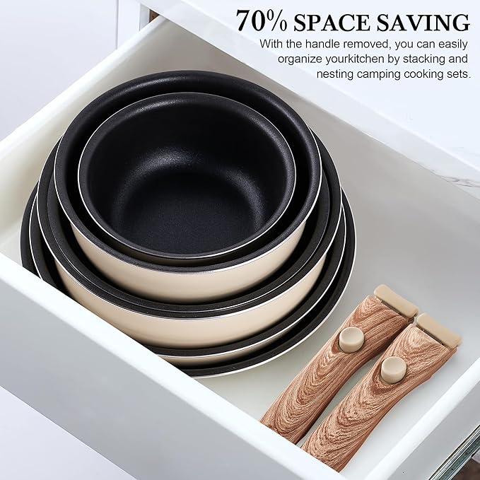 Pots and Pans Set Nonstick - YIIFEEO Stackable Camping Cookware Pots and Pans Set Detachable Handle Kitchen Cookware Sets Removable Handle Non Toxic Nonstick Frying Pans for Cooking Pot Set Gift