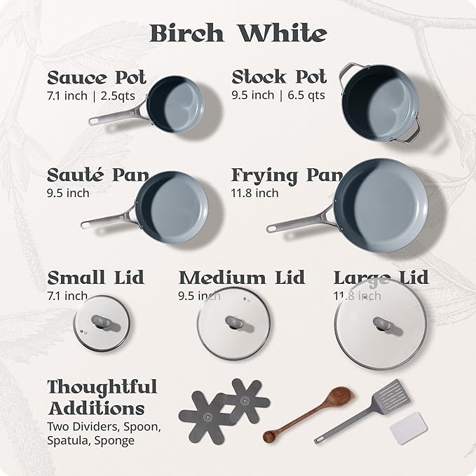 Premium Non-Toxic Ceramic Cookware Set – Triple-Layer Nonstick 12 Piece Pots and Pans with Lids PFAS-Free Oven Safe for Healthy Meals Space-Saving Design Birch White Color | Greater Goods