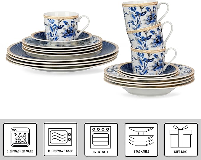 Bone China Dinnerware Set of 20 for 4 pers. Plates and Bowls Sets Dish Set Dinner Plates Set Dishes Set of 20 Stoneware Dinnerware Set (Melodie de Fleurs)