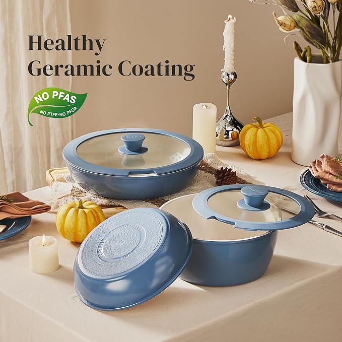 Redchef Ceramic Cookware Set Removable Handle Pots and Pans Non-Stick Rv Cookware Set Non-Toxic Pots and Pans Set No PFAS PTFE PFOA Detachable Pots and Pans Dishwasher &amp Oven Safe(Blue)