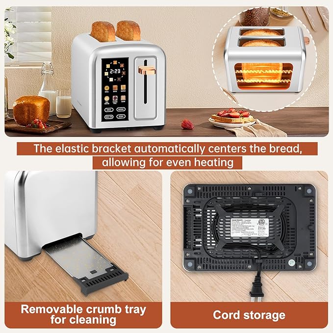 SEEDEEM Toaster 2 Slice with Touch Screen Faster Heating Speed 7 Shade Setting 6 Bread Type 1.5”Wide Slots Toaster Removable Crumb Tray 1350W Silver Metallic