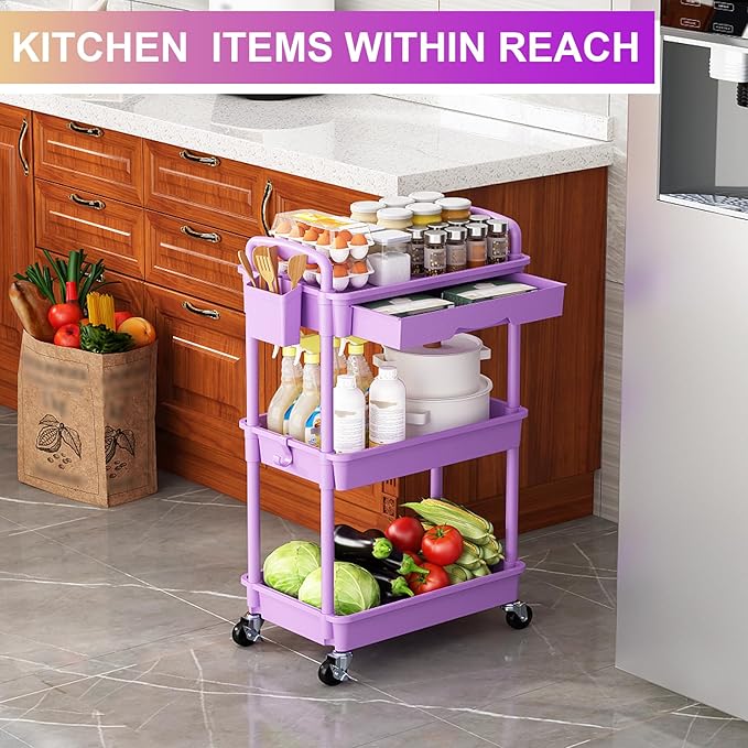 Goovilla 3 Tier Rolling Utility Cart Organizer with Removable Drawer Stable and Sturdy Purple Rolling Storage Carts with 2 Lockable Wheels for Bathroom Kitchen Snack Craft Makeup Baby Essentials