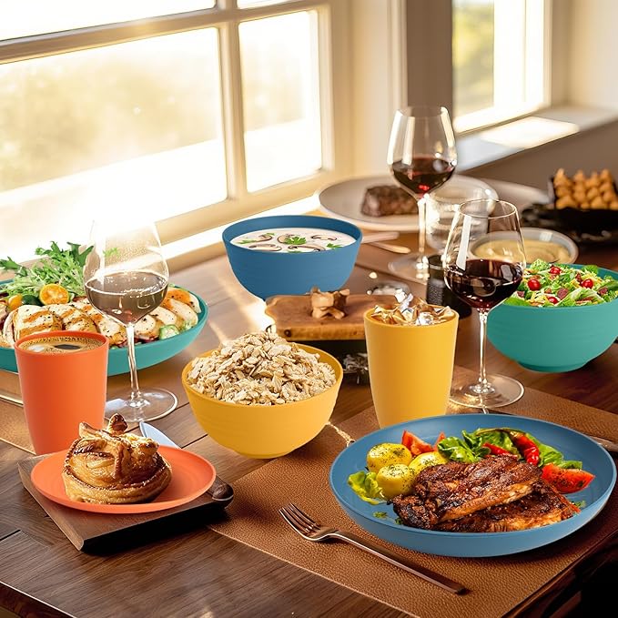 Homienly Dinnerware Set 32-Piece Wheat Straw Dinnerware Sets Unbreakable Reusable Dinnerware Set Kitchen Cups Plates and Bowls Sets Microwave and Dishwasher Safe Dishes for Camping Outdoor-Colorful