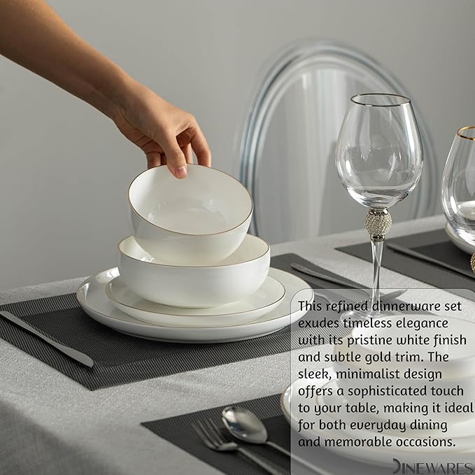 Perlaceo Luxurious Collection Bone China Dinnerware Set-Lightweight and Durable-Service for 4 or 8 Including Dinner Salad Plates and Cereal or Soup Bowls 16-Pc White w/Gold Rim
