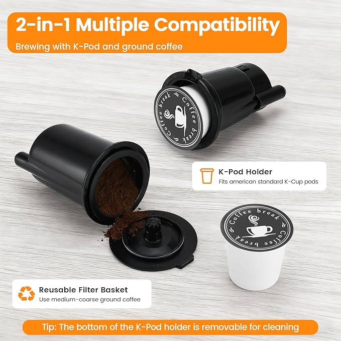 Single Serve Coffee Maker for K-Cup Pod and Grounds Hot and Iced Coffee Maker Strong Button Feature 6 to 14oz Brew Sizes 50oz Removable Tank Up to 6.5 Inch Cup Stainless Steel Black