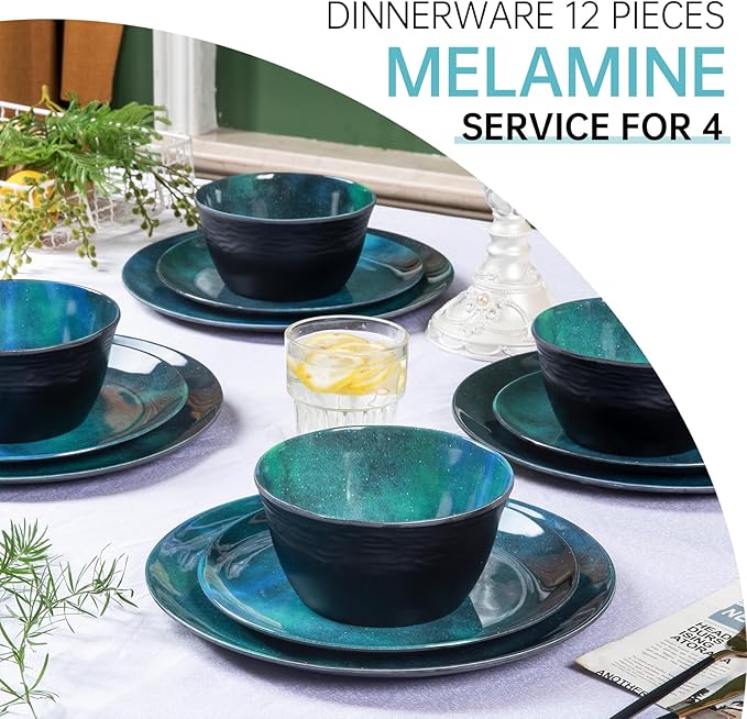 Melamine Dinnerware Sets for 4 12pcs Plates and Bowls Sets for Daily Use Dishwasher Safe BPA-free Teal Green