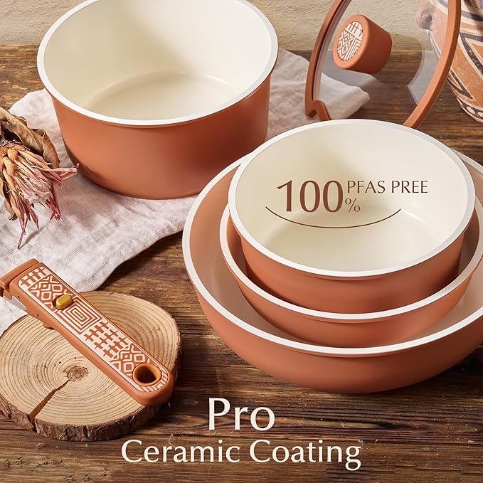 CAROTE 21-Piece Ceramic Cookware Set Nonstick Pots and Pans Set with Detachable Handle Non-Toxic Kitchen Cooking Set Induction Compatible Dishwasher &amp Oven Safe Terracotta