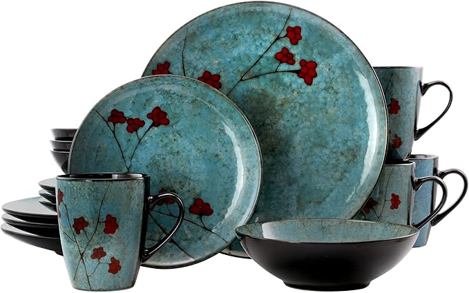 Unknown1 Midnight Blossom 16 Piece Stoneware Dinnerware Set in Blue Floral Casual Round Microwave Safe Medium