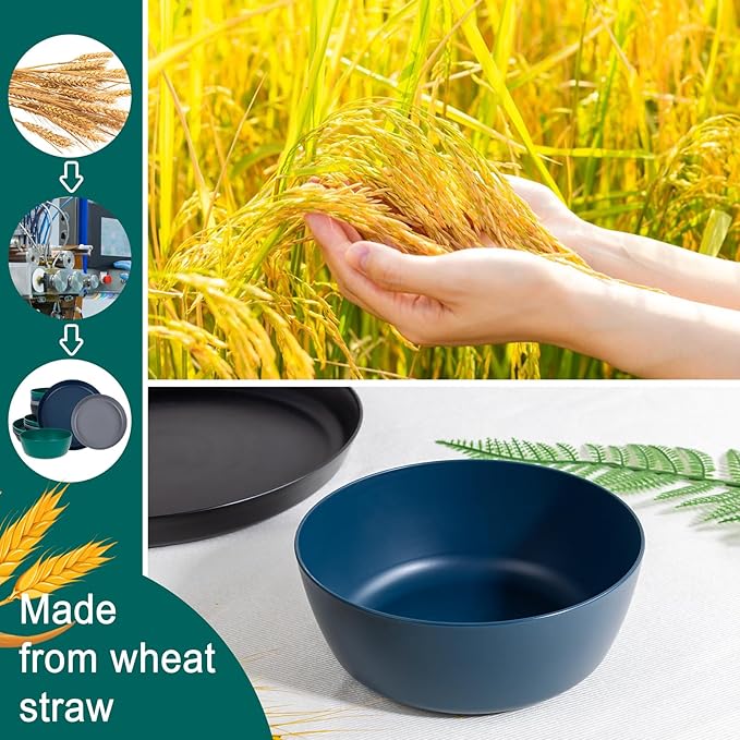 EI 12pcs Wheat Straw PlatesPlastic Plates ReusableUnbreakable Plastic PlateWheat Straw Dinnerware SetMelamine Plate-BlackDark GreyDark GreenDark BlueDinner CampingPicnic