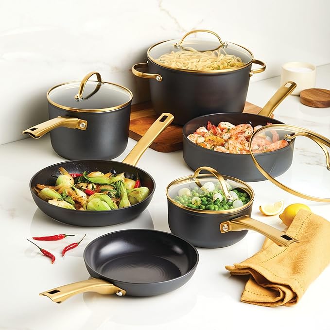 Farberware Forged Induction Ceramic Nonstick Pots and Pans Set with Lids and Kitchen Cooking Tools - Dishwasher Safe Suitable for All Stovetops 12 Piece Cookware Set - Black and Gold