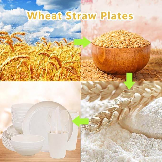 EI 42pcs Wheat Straw Dinnerware SetPlates and Bowls SetsReuasble PlateUnbreakable Dinner Plate for 6Microwave Dishwasher SafeCollege Dorm Room Essentials Dishes Sets-BowlsPlatesCupsCutlery
