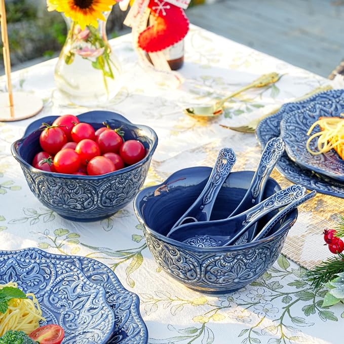 Sungmor Embossed Stoneware Fine Dining Dinnerware Antique Baroque Style Porcelain 5.5 Inch Soup Spoons Set of 4 Blue Ceramic Chinese Spoons Asian Style Spoon for Miso Soup Ramen Dumpling