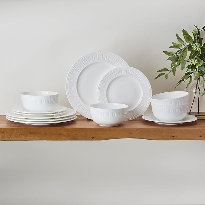 Mikasa Miles Bone China Lightweight Chip Resistant 12 Piece Dinnerware Set Service for 4 White