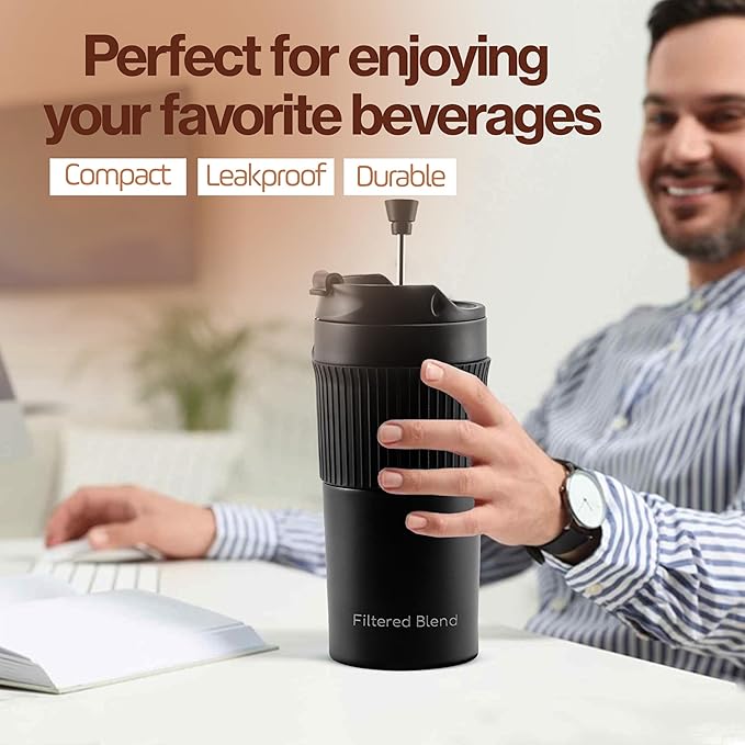 15oz Double Wall Stainless Steel Insulated French Press Coffee and Tea Maker - Portable Camping Mug and Tumbler - Heat Retaining Leak-Proof Travel-Friendly for Office and Outdoor Adventures (Black)