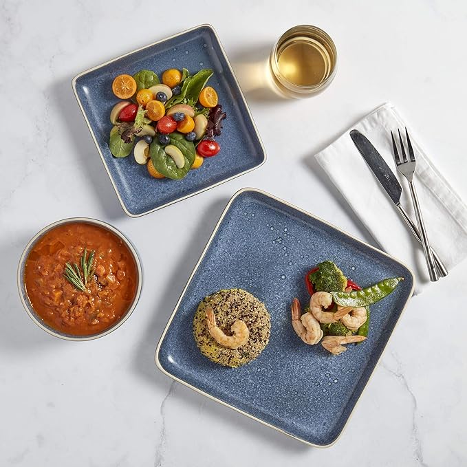 Tabletops Gallery Madison Fashion Dinnerware Collection- Square Contemporary Modern Reactive Glaze Dinner Salad Plate Bowl 4 Place Setting 12 Piece Madison Dinnerware set in Speckled Blue