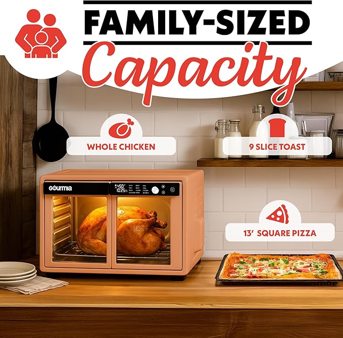 Gourmia French Door Air Fryer Oven - 37 Qt Large Capacity Convection Toaster Oven FryForce 360° Digital Display 12 Cooking Presets Dehydrate Fits 13” Pizza Dishwasher-Safe Peach