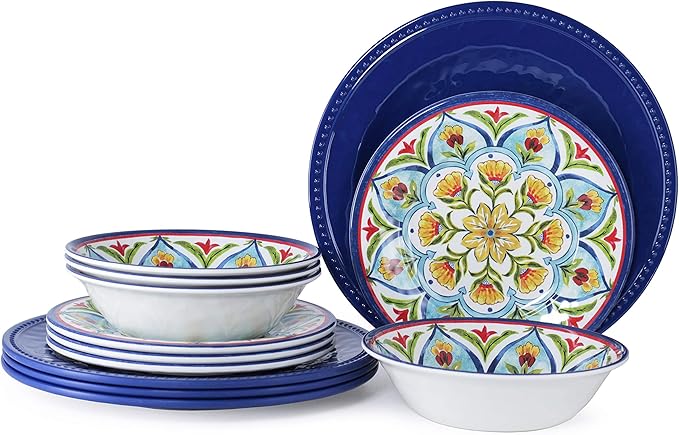 Melamine Dinnerware Sets 12Pcs Durable Plates and Bowls for 4 Lightweight Dishes Dinnerware Sets for Indoor and Outdoor Use Dishwasher Safe BPA free (Retro Style)